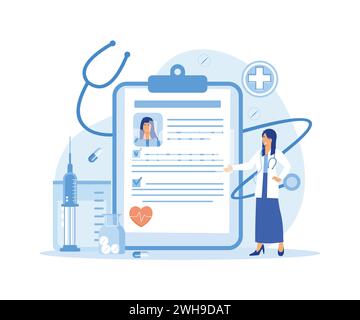 Abstract tablet with patient health status and history file. E-health system for data and information collection. flat vector modern illustration Stock Vector