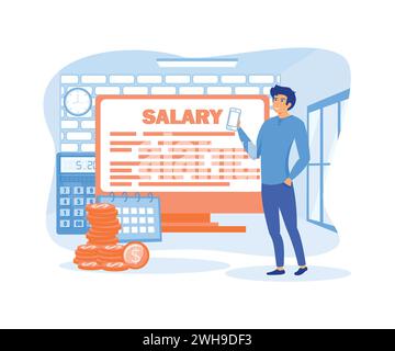 Male worker looking at his salary on mobile phone while standing with computer, calendar and stack of coins. for Web Landing Pages. flat vector modern Stock Vector