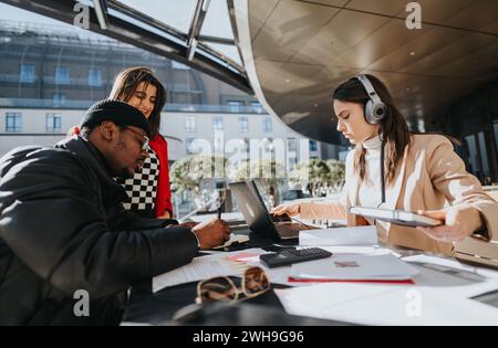 A multicultural group of people collaborates during an informal outdoor business meeting, using laptops and documents on a bright, sunny day. Stock Photo