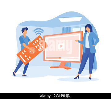 People watch videos with remote controls and television multimedia boxes. Smart TV box, smart tv console, make your TV concept smart. flat vector mode Stock Vector