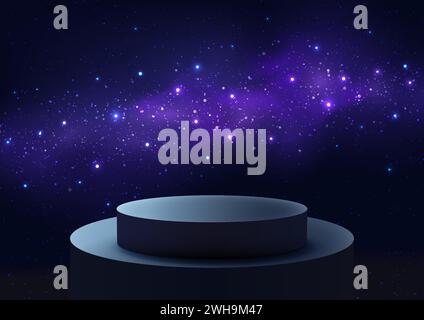 3D podium mockup featuring a starry night sky background and dramatic stage lighting. Perfect for showcasing cosmetics, jewelry, fashion. Vector illus Stock Vector