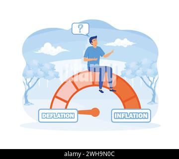 Deflation and inflation gauge. Finding a financial and economic balance. Risk management of the economic crisis. A businessman sits on a money meter t Stock Vector