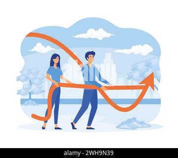 A minimal style of a red down chart of the financial crisis, economic downturn, inflation, recession, bankruptcy concept. A business team with a leade Stock Vector