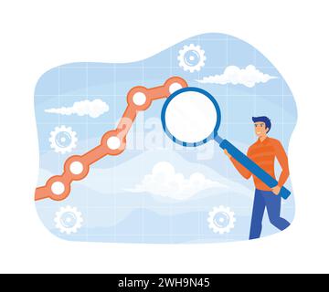 Stock market decline or Cryptocurrency, businessman with magnifying glass on arrow refuses. economic downturn or recession, falling market signals, in Stock Vector