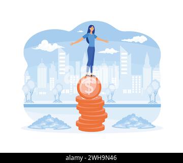 Financial Instability Concept. Woman Balancing On Coin, Financial Planning, Investing, Impact Of Recession On Business Or Economic related Content. fl Stock Vector