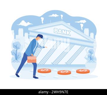 Bankruptcy business concept. Frustrated businessman look at collapsing bank building. flat vector modern illustration Stock Vector