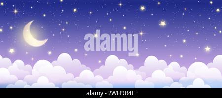 Night sky background. Starry dark gradient space. Crescent moon and clouds dreamy scene. Vector cute landscape panorama. Magic midnight illustration Stock Vector