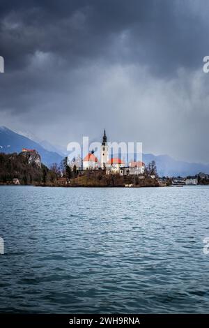 Lake Bled, Slovenia - Beautiful view of Lake Bled (Blejsko Jezero) with Pilgrimage Church of the Assumption of Maria on Bled Island, Bled Castle and J Stock Photo