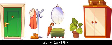 House hallway entrance door, furniture and accessories. Cartoon home corridor hall interior elements - doorway and closet with suitcase, coat on rack, Stock Vector