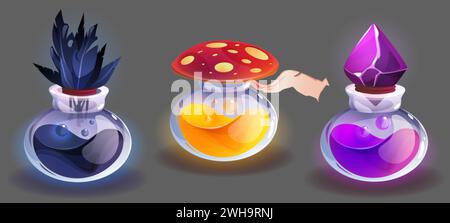 Glass bottles with magic colorful potion or medicine with diamond, black feather and mushroom cap as cork. Cartoon vector game ui assets set of fantas Stock Vector