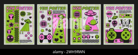 Y2k poster design with retro elements of alien face and ufo, gamepad and smileys, heart and star shapes. Vector set of retro 2000s aesthetic style ban Stock Vector