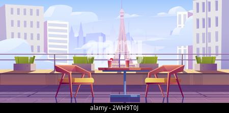 Eiffel tower view from big balcony or roof top with cocktail in glass on table and couple of chairs. Cartoon vector illustration of romantic holiday i Stock Vector