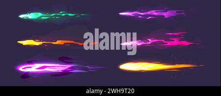 Set of laser weapon shot trails isolated on black background. Vector cartoon illustration of neon color beams with fire and smoke effect, missile stri Stock Vector
