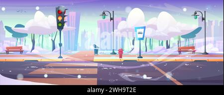Cartoon vector winter city street landscape with sidewalk, traffic light near road with crosswalk, trees covered with snow in public park, bus stop si Stock Vector