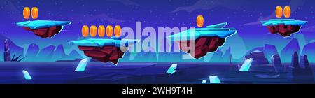 Game level route with coins to collect on floating land islands on background with alien planet surface in outer space. Cartoon videogame map with tre Stock Vector