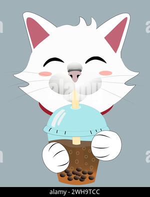 cute little white cat drinking boba with smiling happy face vector illustration Stock Vector