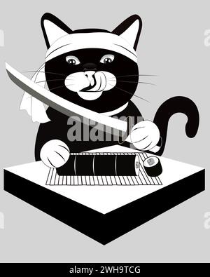 Japanese hungry black cat cutting rolled sushi with Katana. Vector samurai cat with katana for design Stock Vector