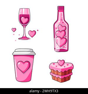 Cute vector icon with wine bottle, glass, cake and coffee for Valentine day. Flat design element collection. Minimal cartoon illustration for design w Stock Vector