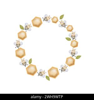 Frame round cute baby honey bees with daisy flower. Watercolor cartoon style illustration on isolated white background. Insect character hand drawn Stock Photo