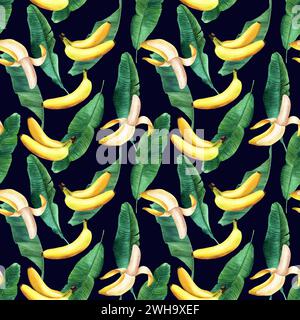 Watercolor seamless pattern with banana tree leaves and fruit banana. Hand drawn illustration. For fabric textile. Stock Photo