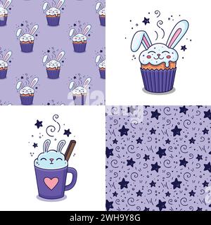 Set of Cute Hand drawn Easter patterns, illustrations with Easter cake, rabbits ears, carrot, rabbit, hare, milk shake, drink in cartoon style. Vector illustration. Doodle style. Stock Vector