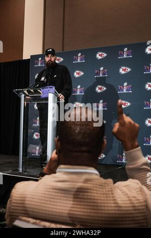 Kansas City Chiefs tight end Travis Kelce speaks during a media day at the Westin Lake Las Vegas Resort and Spa, Henderson. Picture date: Thursday February 8, 2024. Stock Photo