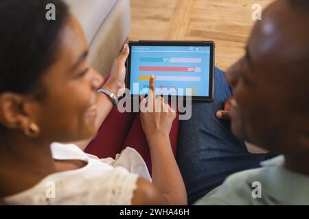 African American couple reviews finances and manages their smart home app on a tablet at home Stock Photo