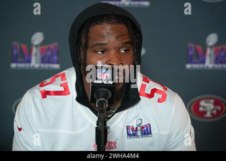 Henderson, Nevada, USA, February 8, 2024, 49ers linebacker Dre Greenlaw during the Pre Super Bowl Press Conference (Photo Credit: Marty Jean-Louis/Alamy Live News Stock Photo