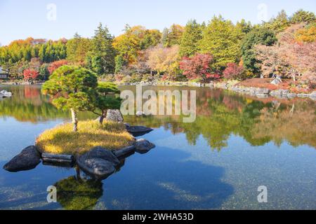 Panoramic Autumn view at the Japanese Garden of Showa Kinen Koen or Showa Memorial Park with red leaves and colourful trees, Tachikawa, Tokyo, Japan Stock Photo