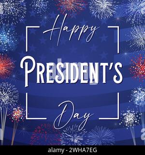 Happy President's Day social media poster. Square postcard. Greeting card design. US flag background with shiny fireworks. Network timeline post. Grap Stock Vector