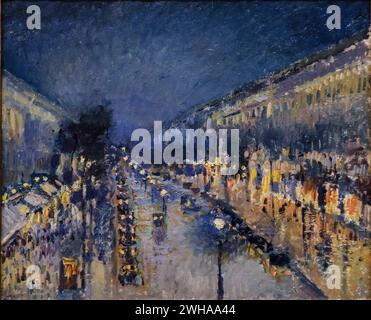 Boulevard Montmartre at Night, Camille Pissarro, 1897, oil on canvas, National Gallery, London, England, Great Britain Stock Photo