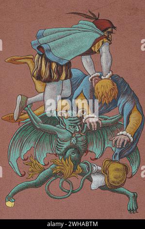 Death of Faust or Doctor Faustus after his pact with the Devil's representative, Mephistopheles, had expired.  Twentieth century mural on building in which Faust is said to have been murdered by having his neck broken, the Gasthaus zum Löwen or Hotel Lowen in Staufen im Breisgau, Breisgau-Hochschwarzwald, Baden-Württemberg, Germany. Stock Photo