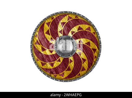 Old decorated wooden round shield isolated on white background Stock Photo