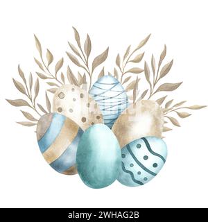 Hand drawn Easter eggs watercolor set. Illustration for greeting card, Design vintage boho element isolated on white background. Bronze, golden blue c Stock Photo