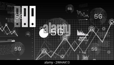 Image of 5g over globe, graphs, data and digital screen Stock Photo