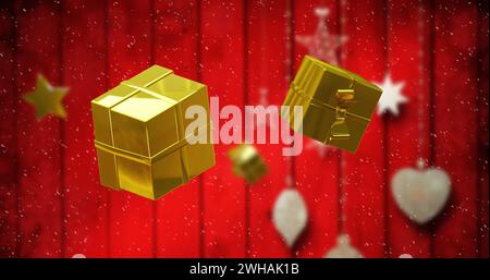 Image of gold christmas decoration on red background Stock Photo