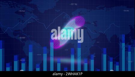 Image of circles over digital screen with financial graphs and world map Stock Photo