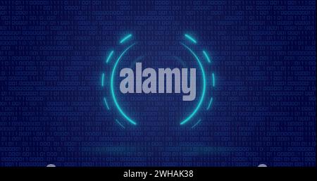 Image of neon circle over digital screen with binary code Stock Photo