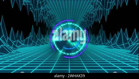 Image of neon circle with light over digital space with waves Stock Photo