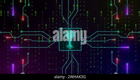 Image of integrated circuit over binary code on digital screen Stock Photo