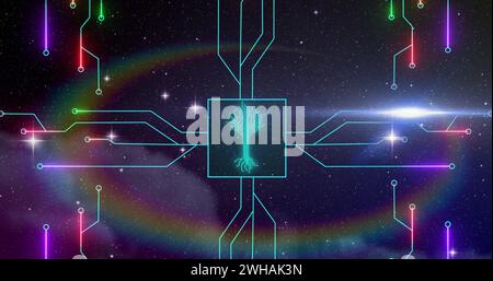 Image of integrated circuit over lights and stars in digital space Stock Photo