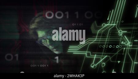 Image of data processing over integrated circuit and caucasian male hacker Stock Photo