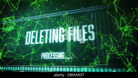 Image of integrated circuit over connections and deleting files on digital screen Stock Photo