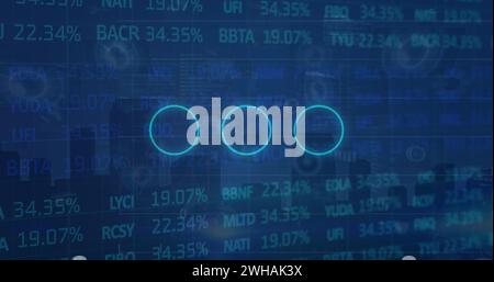 Image of neon circles over digital screen with financial data and graphs Stock Photo