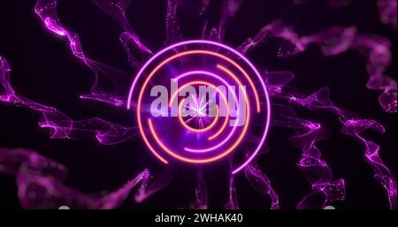 Image of neon circless over digital space with purple smoke Stock Photo