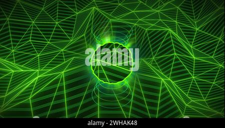 Image of neon circle over green digital space with connections Stock Photo