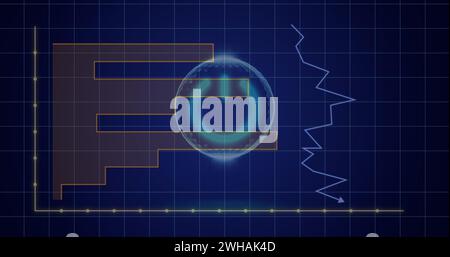 Image of neon circle with power button over digital screen with graphs Stock Photo
