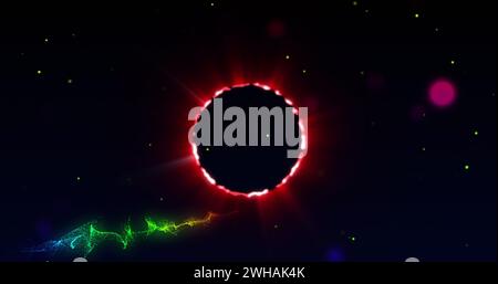 Image of neon circle over black space with dots and waves Stock Photo