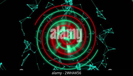 Image of neon circles over digital space with connections Stock Photo