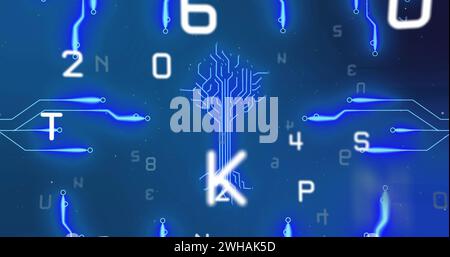 Image of integrated circuit over numbers and letters on digital screen Stock Photo